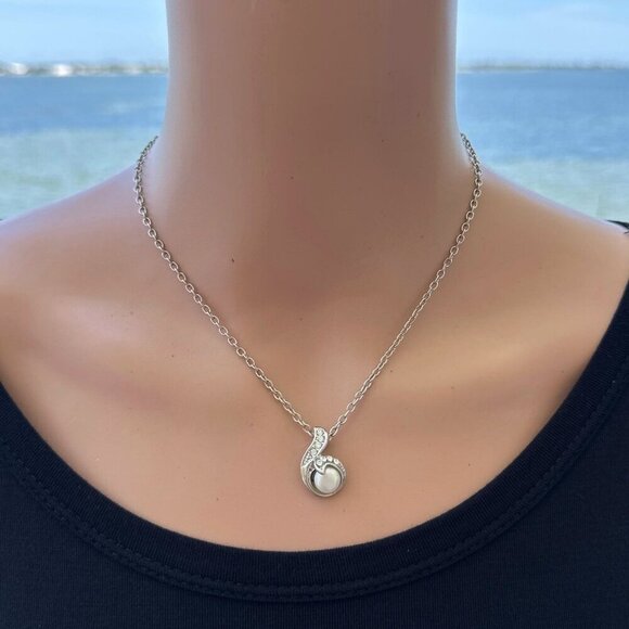 Cubic Zirconia Faux Pearl Pendant Silver Tone Chain Adjustable Length - Picture 2 of 3